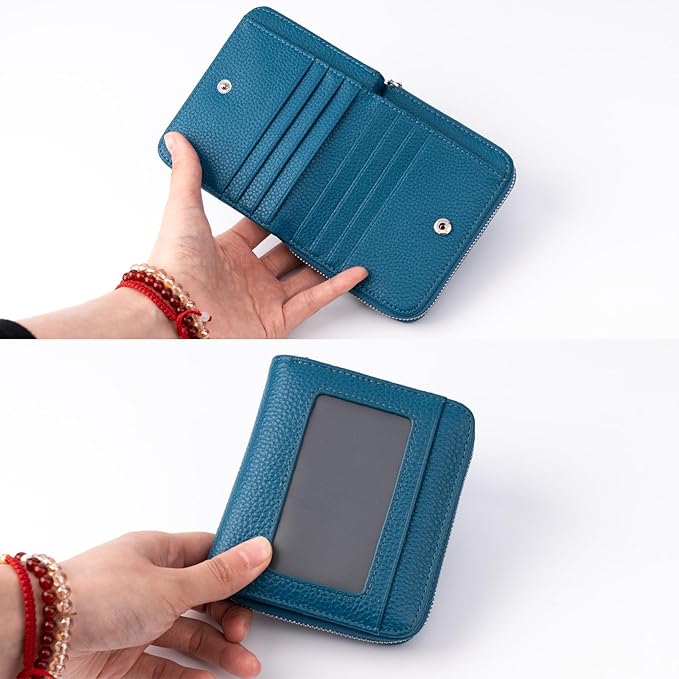 Small Wallet for Women, Genuine Leather RFID Blocking Credit Card Holder Slim Compact Coin Purse Women's Wallets with ID Window 8 Card Slots
