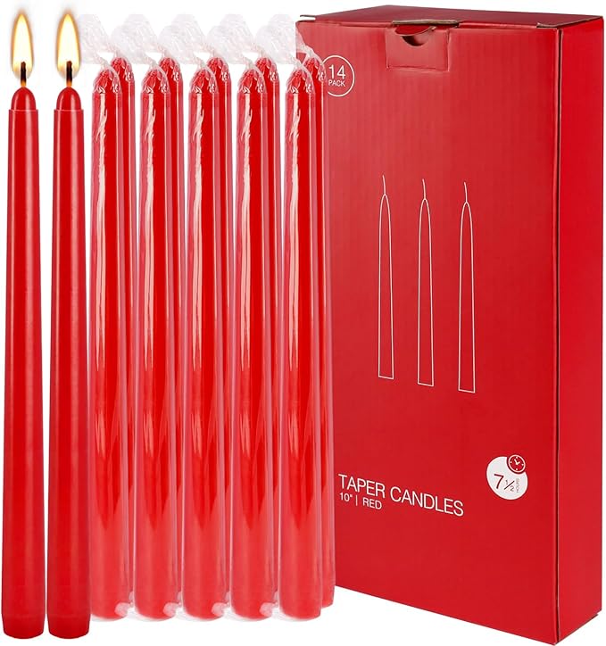14 Pack Tall Red Taper Candles 10 Inch Unscented Dripless Candlesticks for Christmas,Valentine's Day,Dinner,Party,Brithday,Wedding and Home Decoration - 8 Hour Burn Time.