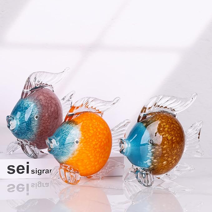 LCCCK Large Glass Fish Figurines Hand Blown Glass Fish Statue and Sculpture Home Decor, Murano Animal Tropical Sea Glass Paperweights for Desk, Glass Aquarium Coastal Beach Decorative (Orange)