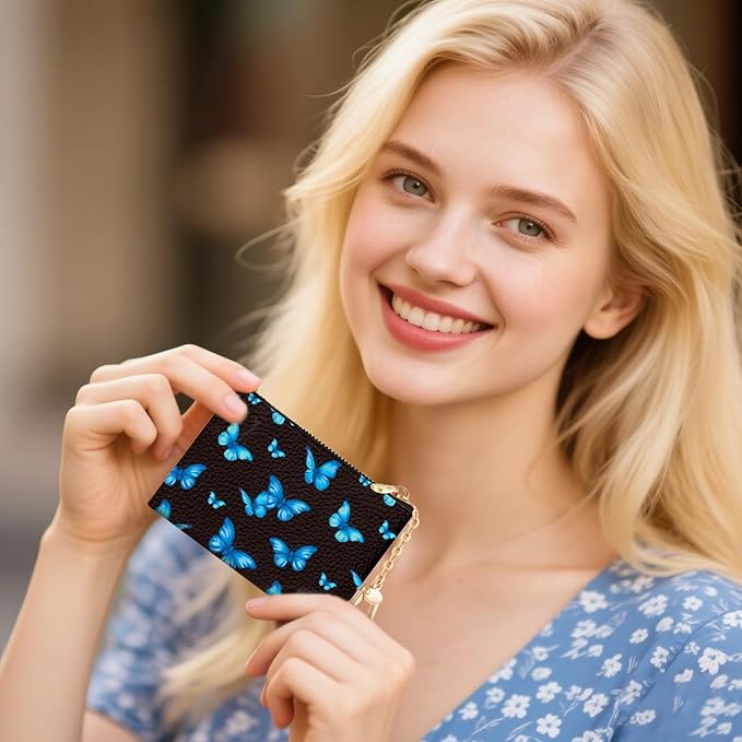 Blue Butterfly Keychain Coin Purse for Women, Small PU Leather Change Pouch, Zipper Little Tiny Travel Wallet for Girls, Cute Kawaii Zip Pocket Coin Holder with Key Ring