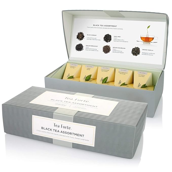 Tea Forte Premium Petite Presentation Box Gift Set Sampler, 10 Count, 2 of Each Blend Individually Wrapped Handcrafted Pyramid Infuser Bags, Black Tea