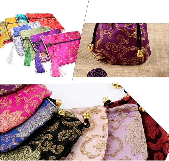 NHW EAVOQLB 16 pcs Traditional Brocade Embroidery Fringed Wallet Zipper Jewelry Bag Value Set