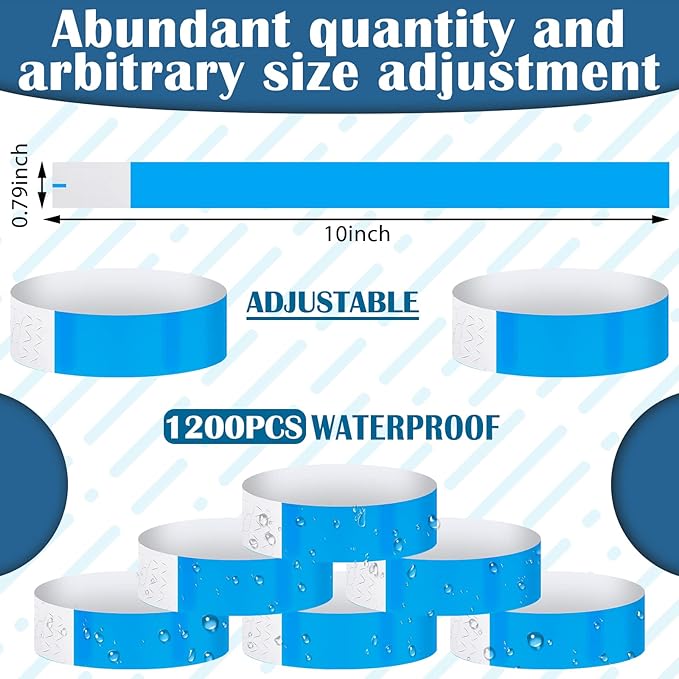 Tudomro 1200 Pack Plastic Paper Wristbands for Events Neon Party Wrist Bands Colored Waterproof Concert Identification Hand Bands Lightweight Adhesive Wristband(Blue)