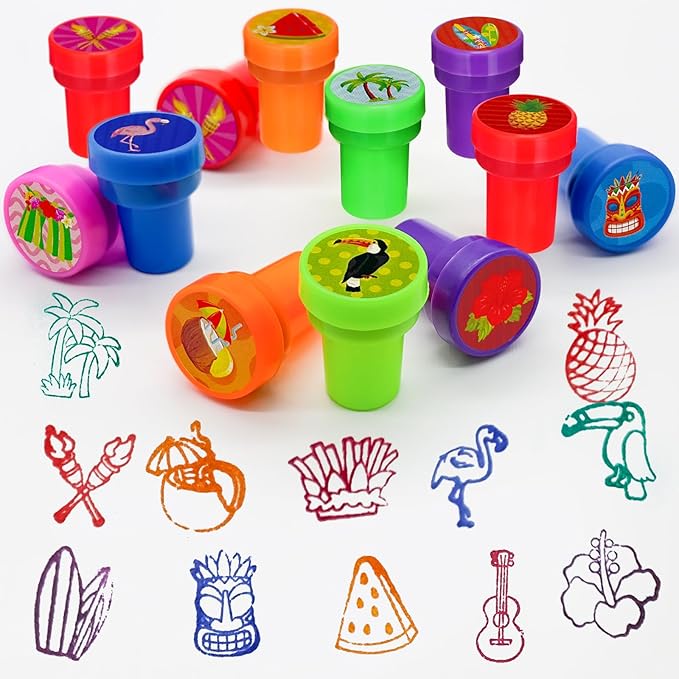 Cinrobiye 24 Pcs Hawaiian Luau Stampers for Boys Girls, Tropical Moana Flamingo Birthday Party Supplies Favors, Classroom Rewards, Carnival Prizes, Goody Bag Pinata Fillers for Summer Aloha Tiki Party