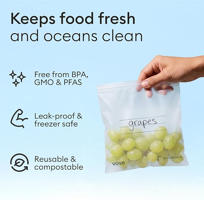 Vove Compostable Storage Bag Bundle, 140 Count Multi-Size S/M/L/XL – Freezer Safe, Resealable, Non Toxic Bags for Food, Meal Prep & Snacks, Plastic-Free Eco Bags