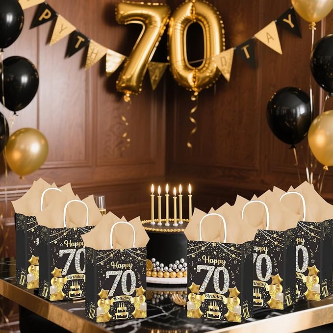 50Pcs 70th Birthday Party Favors Gift Bags Bulk, Black and Gold Happy 70th Gift Candy Wrap Bags with Tissue Paper, Vintage 70th Birthday Decorations Souvenir Bag for Men Women Anniversary Supplies (70th)