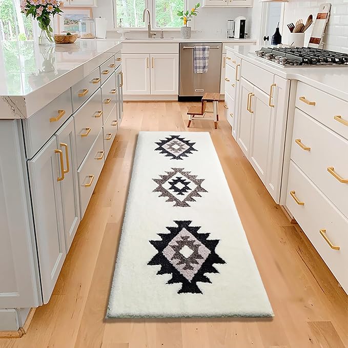 White Boho Bathroom Rug Runner 60x24 Washable Long Bath Mat for Bathroom Tub Bedroom Kitchen Laundry Room Home Decor Fluffy Soft Bohemian Carpet Runner