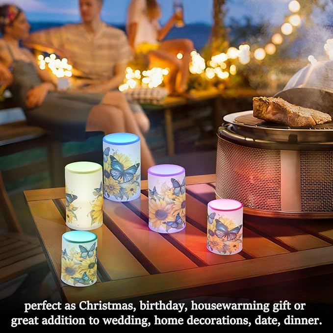 ALAZA Blue Butterflies Sunflowers Flickering Flameless Candles Battery Operated with Remote Timer,Tea Light Candles LED Pillar Votive Candles Set of 2 for Outdoor Indoor Decorations