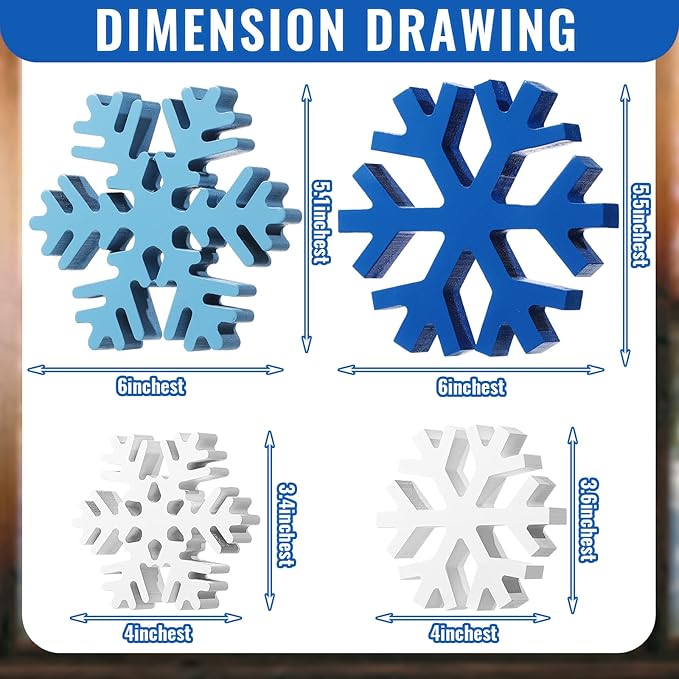 Blulu 4 Pcs Winter Wooden Snowflakes Decor Tabletop Decorations Christmas Snowflake Signs Winter Wooden Xmas Standing Table Sign Christmas Fireplace Decoration for Party Birthday(White and Blue)
