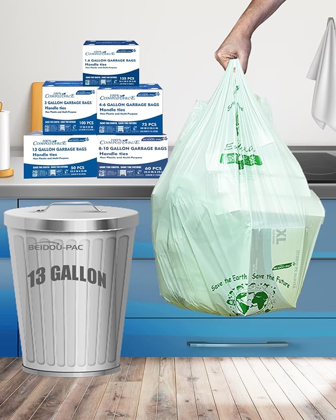 BEIDOU-PAC Compostable 13 Gallon Trash Bags, Tall Kitchen Garbage Bags with Handle, Sturdy Biodegradable Compost Bags, 100 Count, US BPI Certified