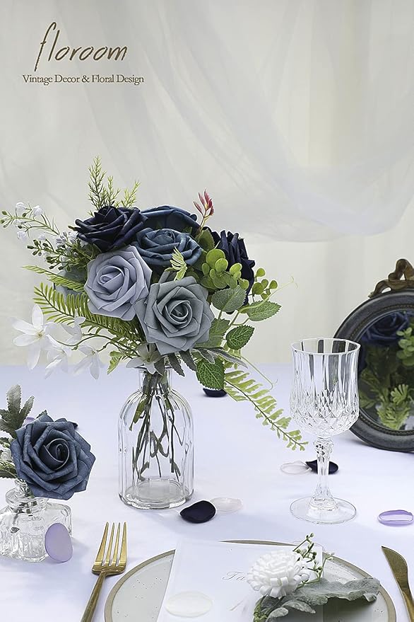 Floroom Artificial Flowers 25pcs Real Looking Dusty Blue Ombre Colors Foam Fake Roses with Stems for DIY Wedding Bouquets Bridal Shower Centerpieces Floral Arrangements Party Tables Home Decorations