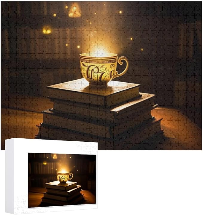 Wooden Puzzle - Hot Tea On A Book Rounded Corner Jigsaw Puzzles，Wooden Puzzles for Adults 500 Pieces Challenge Puzzles，Educational Games，Family Puzzles，Unique Gifts for Wall Art