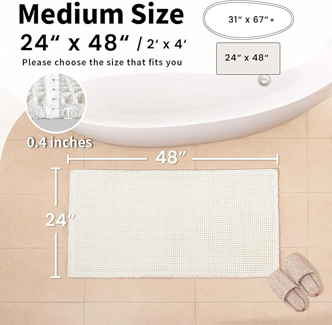 White Bathroom Rugs, Waffle Bath Mat Non Slip Washable, Super Absorbent & Quick Dry, Boho Bath Mat Farmhouse Bathroom Decor, 24'' x 48'', White