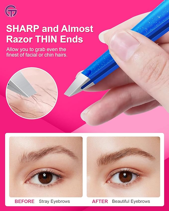 Expert Slant Tip Tweezers with Leather Travel Case, GlamTweeler Sharp & Precision Stainless Steel Tweezer for Eyebrows, Facial Hair and Fine Hairs Removal (Sparkle Royal Blue & Aqua)