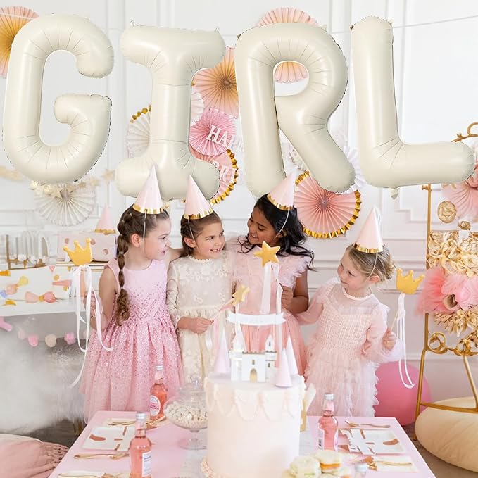 40 Inch Cream Girl Balloons, Large Beige Neutral Letters With Ribbon, Ivory White Sand for Her Birthday Baby Shower or Gender Reveal Party Decoration Supplies
