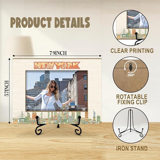 Lesixur New York Travel Photo Frame, Wedding Honeymoon Vacation Souvenir Gift for Family Couples Friends, 4x6 Wooden Picture Frame with Iron Stand for Tabletop Desktop Display, Home Table Decor -047
