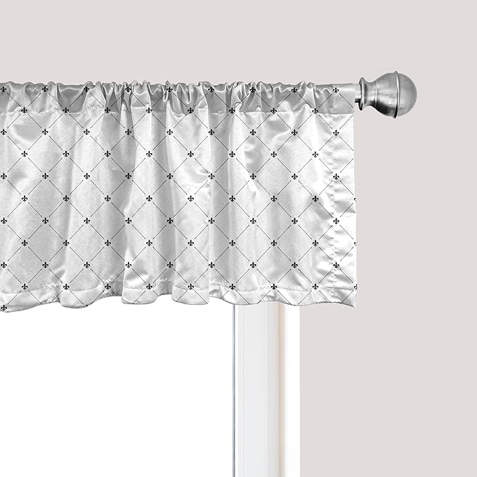 Ambesonne Fleur De Lis Window Valance Pack of 2, Monochrome Style Damask Pattern with Vintage Geometric Diamond Lines, Rod Pocket Curtain Valances for Kitchen Bedroom, 54" X 12", White and Black