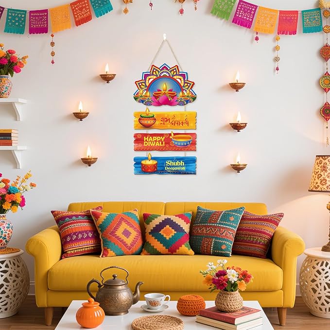 CHDITB Happy Diwali Wooden Sign, Wooden Lotus Rangoli Diyas Festive Wooden Hanging Plaque, Colorful Deepavali Themed Door Hanger, Diwali Wall Art Porch Hanger for Light Celebration Party Decorations