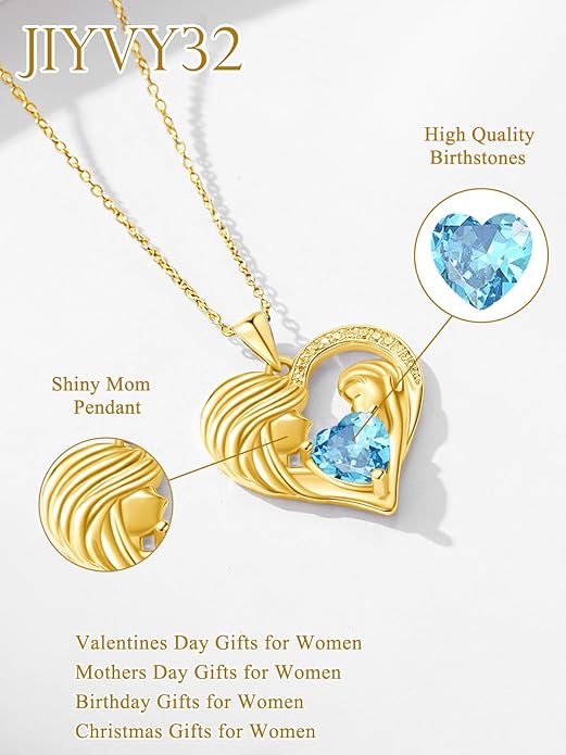 Mother and Daughter/Son Love Heart Necklace White Gold/14K Gold/Rose Gold Birthstone Jewelry Christmas Mothers Day Birthday Gifts For Mom Wife Grandma Women