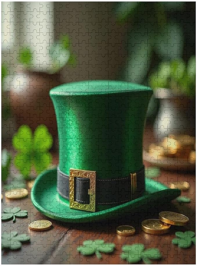 Saint Patrick's Day Green Shamrock Shamrock Hat Lucky Wooden Puzzle 500 Pieces Jigsaw Puzzles for Adults Puzzle Educational Toys Challenging Fun Games Gifts for Elders Kids Family and Friends