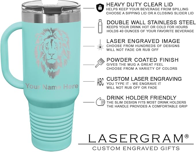 LaserGram 40oz Vacuum Insulated Travel Mug with Handle, Bronco Rider, Personalized Engraving Included (Teal)