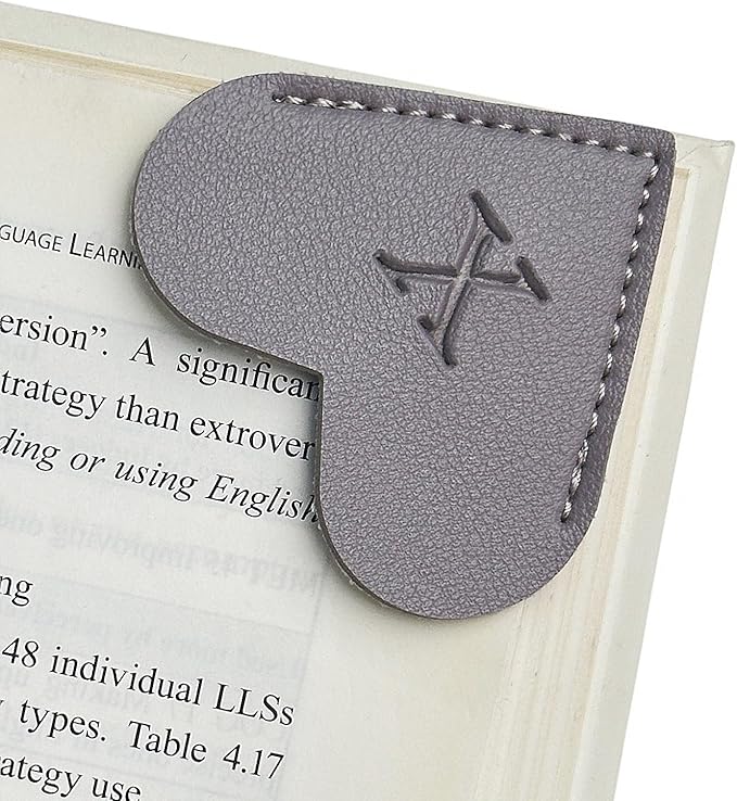 MOTEERLLU Personalized Leather Heart Bookmark with Initial, Cute Letters Custom Corner Book Mark for Reading Women, Teacher, Student, Book Lovers Gifts, Book Accessories (Grey, X)