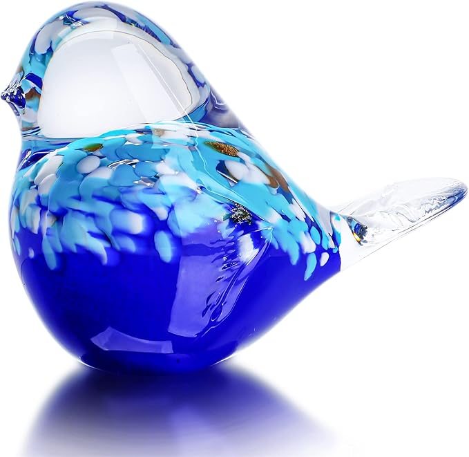 QFkris 6.5inch Blown Glass Blue Bird Figurine Collectibles Handmade Art Glass Animal Paperweight,Home Decoration Tabletop Centerpiece for Bird Lover