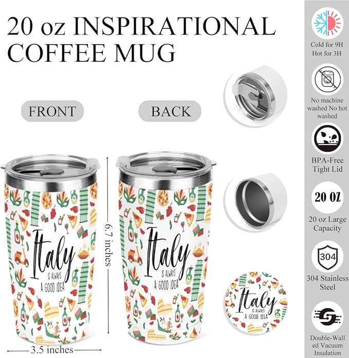 jeilink Italian Gifts, 20 oz Insulated Tumbler, Tumbler with Lid, Vacuum Travel Coffee Mug Stainless Steel Cup for Cold Hot Drink Gift for Women Men Christmas Birthday Camping Italy Travel Essentials