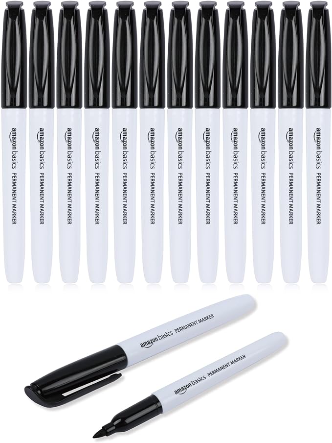 Amazon Basics Fine Tip Point Permanent Markers for Office, School, and Home Use, Black, 12 Pack