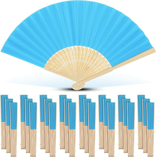 Yinkin 24 Pack Folding Fans Bamboo Handheld Folded Craft Hand Japanese Chinese Fans for Weddings Bridal Dancing Church DIY Decoration Women Gift Party Favors (Lake Blue)