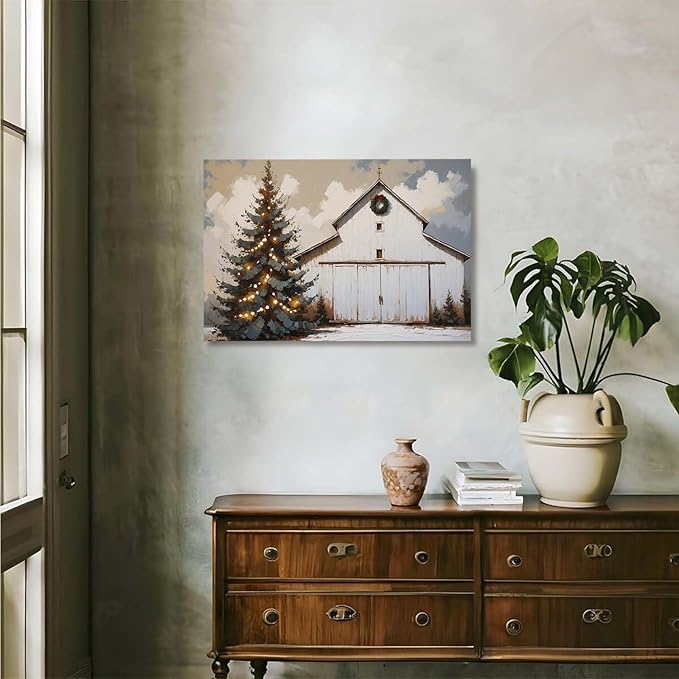 Winter Christmas tree abstract barn print nature country artwork home decor farmhouse canvas poster12x16in(30x40cm)- Unframed