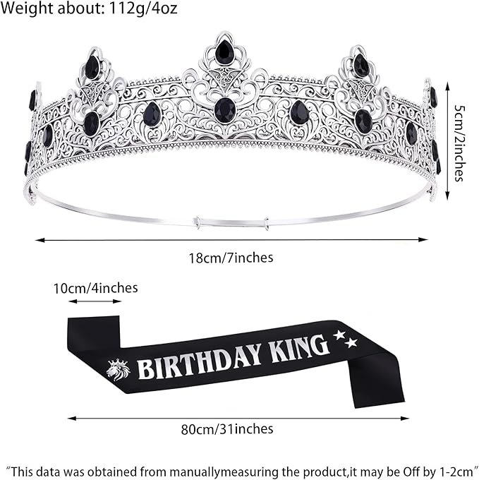 King Crown and Birthday Sash Birthday Decorations for Men Boy Royal Medieval Headband for Cosplay Prom Halloween Costume