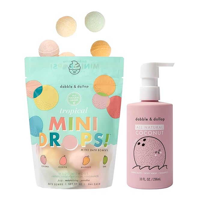 Dabble & Dollop Tropical Mini Bath Bombs & Coconut Shampoo, Body Wash and Bubble Bath for Kids - All Natural Scents, Resealable Pouch, Vegan, Gluten-Free, Cruelty-Free (Pack of 2)