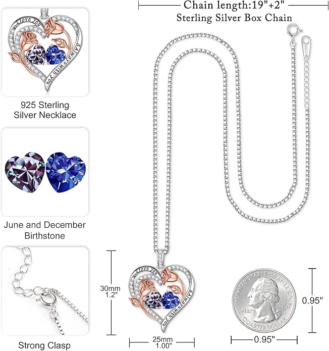 Iefil Valentines Day Gifts for Her - 925 Sterling Silver Rose Heart Birthstone Necklace Birthday Anniversary Jewelry Gifts for Her Wife Mom Daughter