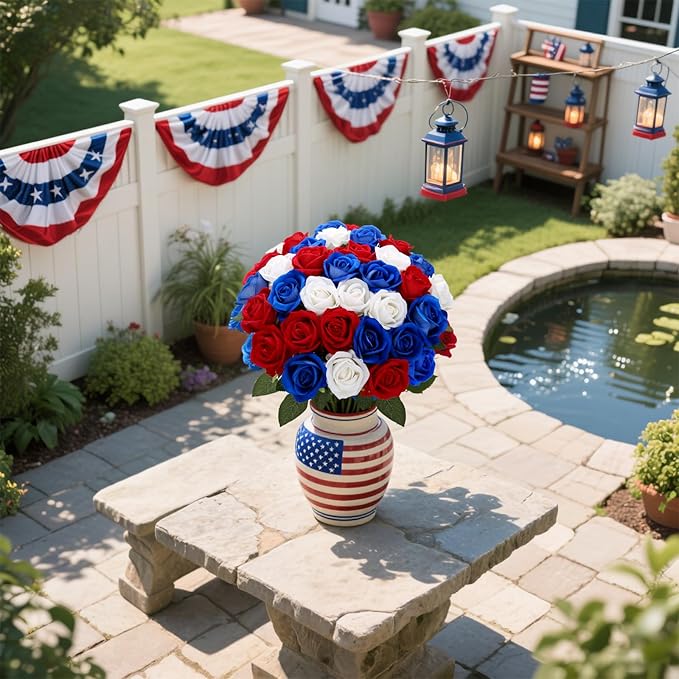 24 Roses Artificial Flowers 4th of July Decorations, Red White and Blue Patriotic Flower Arrangement， Realistic Fake Velvet Silk Roses with Stems in Bulk for Memorial Day Centerpiece Home Decor