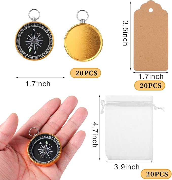 TaoBary 60 Pcs Compasses Valentines Day Wedding Party Favors Set, 2026 Mini Compass Souvenir Nautical with Kraft Tags and Organza Bag for Guests Birthday Nautical Travel Party Souvenir Gift(Gold)