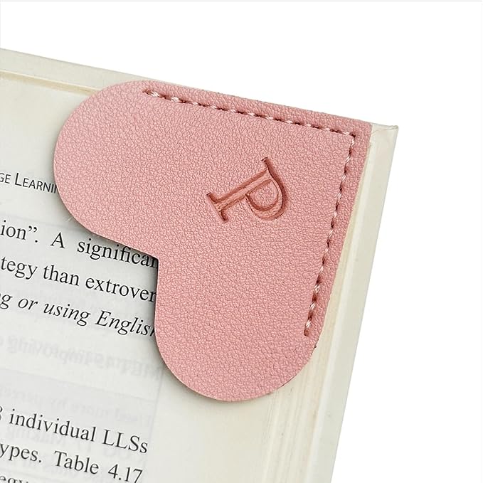 MOTEERLLU Personalized Leather Heart Bookmark with Initial, Cute Letters Custom Corner Book Mark for Reading Women, Teacher, Student, Book Lovers Gifts, Book Accessories (Pink, P)