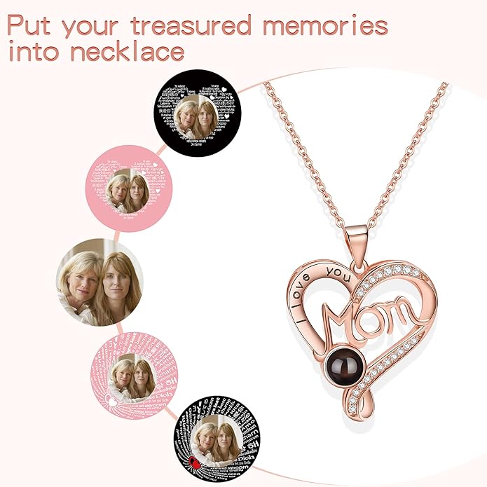 SUPHELPU Personalized Mother's Day Gifts for Mom From Daughter - Custom Photo Necklace With Picture Inside - Projection Necklace for Mom - Memorial Gift