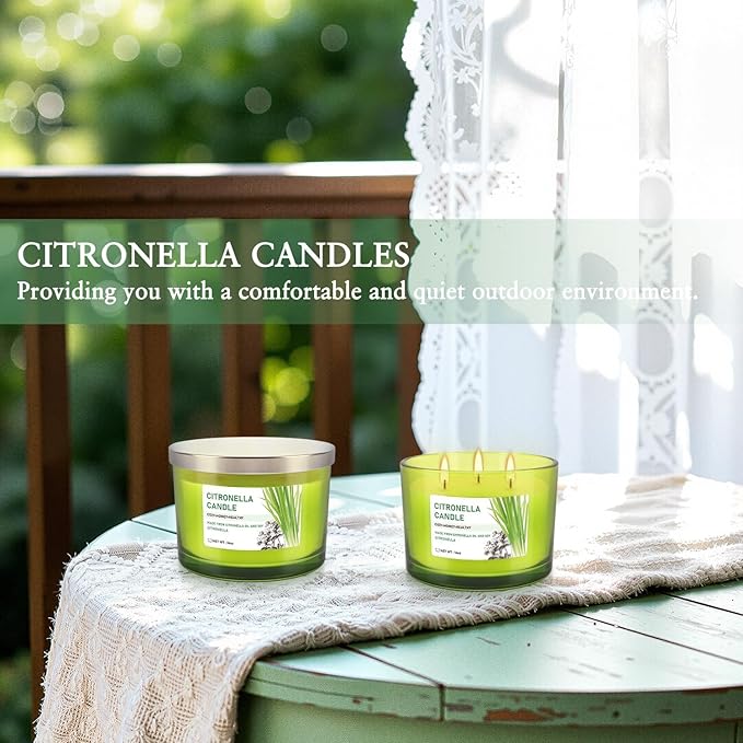 Set of 2 Green Glass Jars Citronella Oil Candles 14oz Smokeless & Outdoor Candles Perfect for Courtyards, Backyards, Camping, Picnics, and Garden.