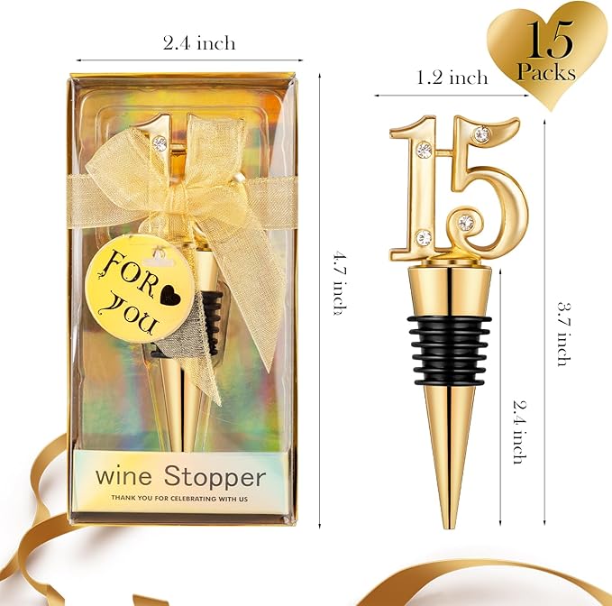 24Pack 15 Wine Bottle Stopper for 15th Birthday Party Favors, Quinceañera Party Favors 15 years old Wedding Anniversary Souvenirs or Decorations, Gift for Guests
