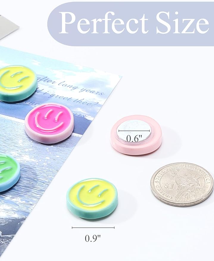 Mymazn 24Pcs Fridge Magnets Cute Refrigerator Magnets, Colorful Magnets for Whiteboard Cabinet Locker, Resin Smile Face Decorative Magnets for Classroom Kitchen Office