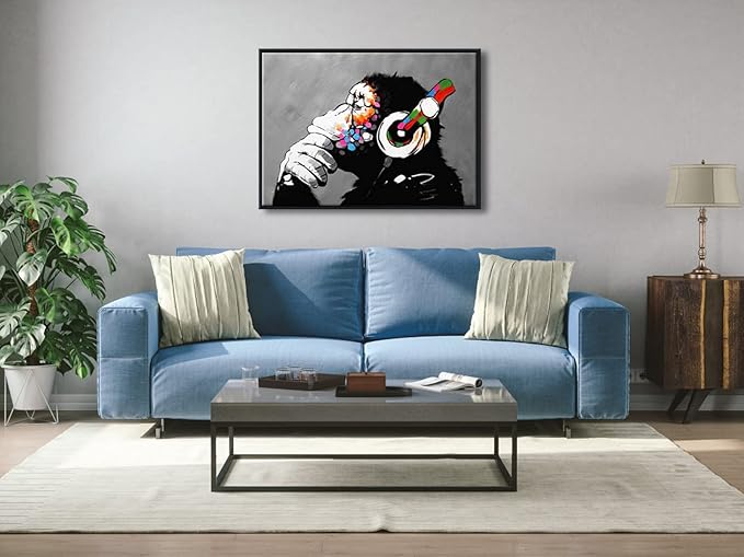Wieco Art Black Framed Monkey With Headphones Banksy Graffiti Art Abstract Canvas Painting Posters and Prints Animal Canvas Wall Art for Wall Decor and Home decorations