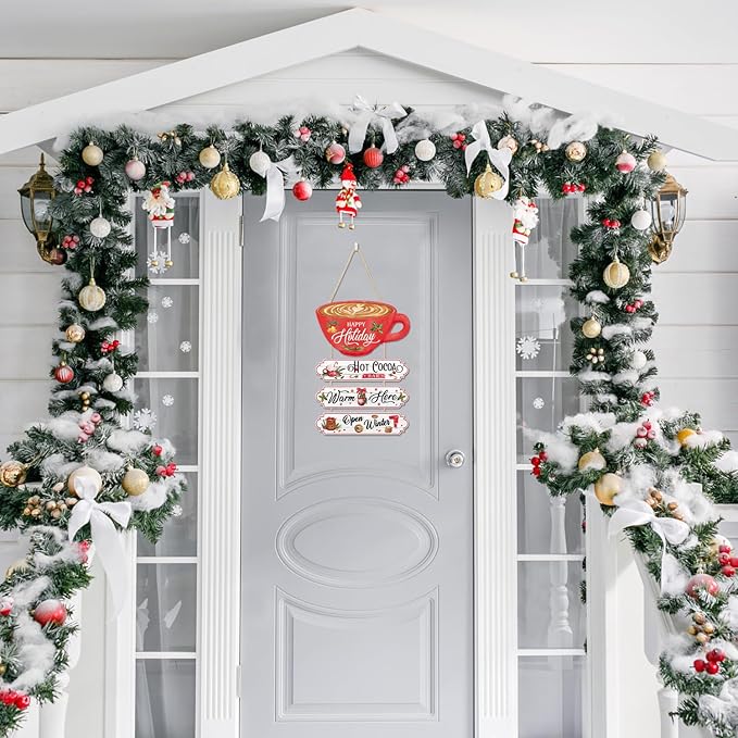 CHDITB Christmas Decor Hanging Wood Sign, Hot Cocoa Bar Wall Plaque, Christmas Theme Winter Art Wooden Signs Happy Holiday Party Hot Cocoa Porch Sign 4pcs Kitchen Cafe Coffee Bar Wall Art Xmas Decor