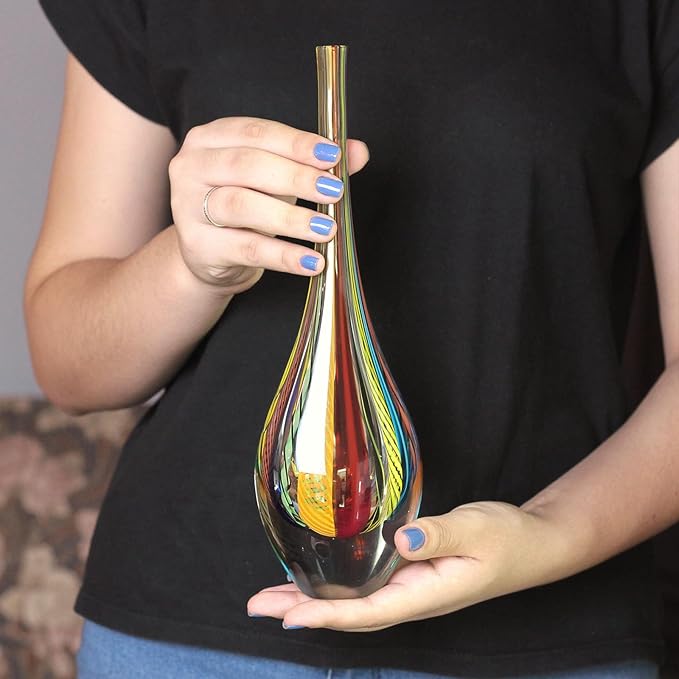 Ca D Oro Small Drop Glass Vase Boho with Colored Canes Hand Blown Murano-Style Art Glass - Model Tall