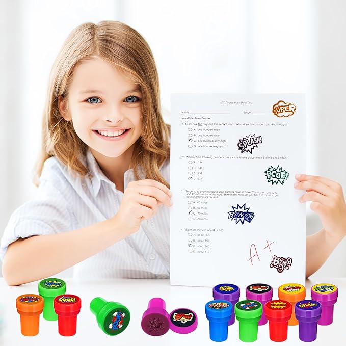 Cinrobiye 24 Pcs Hero Comic Stampers for Boys Girls, Superhero Birthday Party Supplies Favors, Classroom Rewards, Carnival Prizes, Goody Bag Pinata Fillers for Hero Theme Zap Boom Bash Party