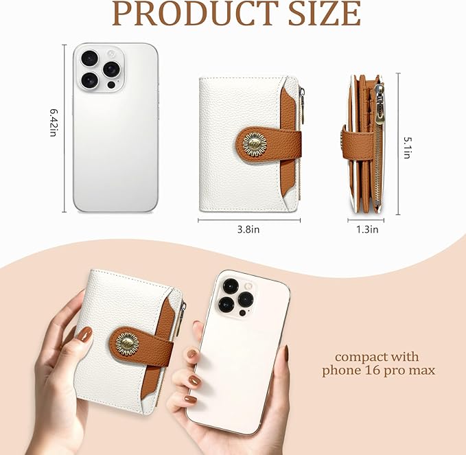 Beige Small Wallet Women RFID Blocking Bifold, Credit Card Holder, Zipper Coin Pocket, PU Leather, Compact, Travel, 4 ID Window, 14 Card Slots, Cash Purse, Ladies Woman Female Girls