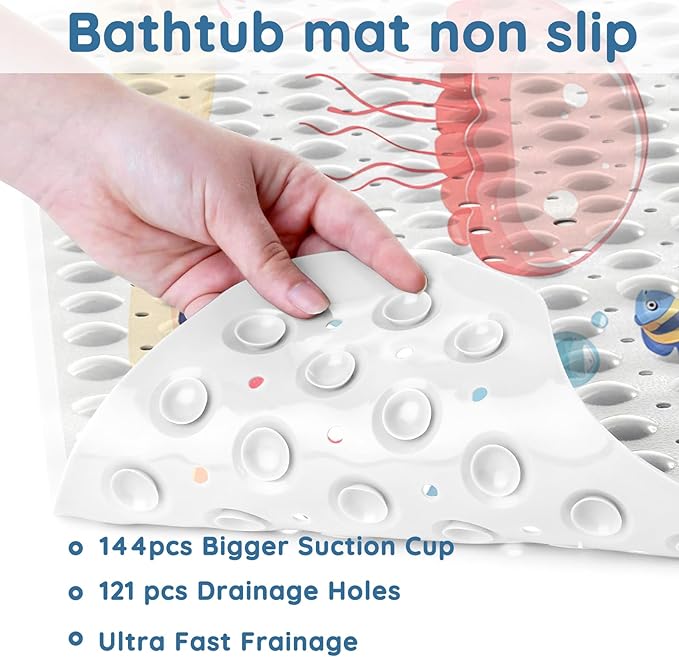 LNOND Bath Mat for Tub for Kids, Sea World Bathtub mat Non Slip, Jellyfish Starfish Coral Bath Mats for Bathroom Non Slip with Drain Holes and Suction Cups,Machine Washable (40 X 16 Inch)