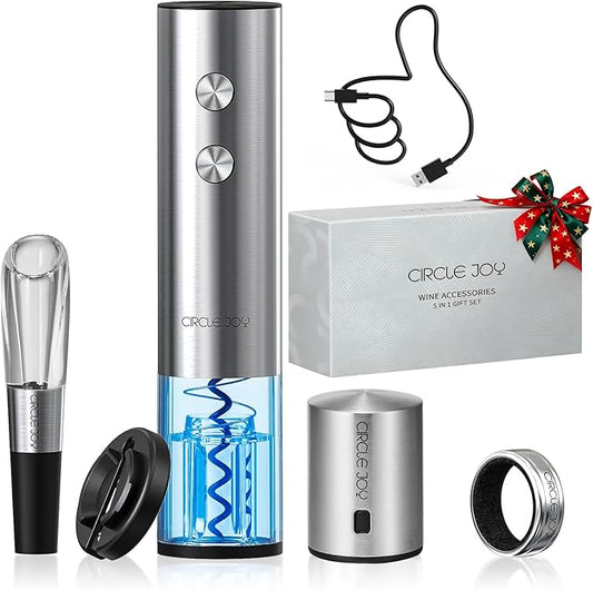 CIRCLE JOY Electric Wine Opener Rechargeable 5-in-1 Wine Gift Set with Foil Cutter, Wine Aerator Pourer, Wine Drip Ring & Vacuum Stopper, White Elephant Gifts for Adults
