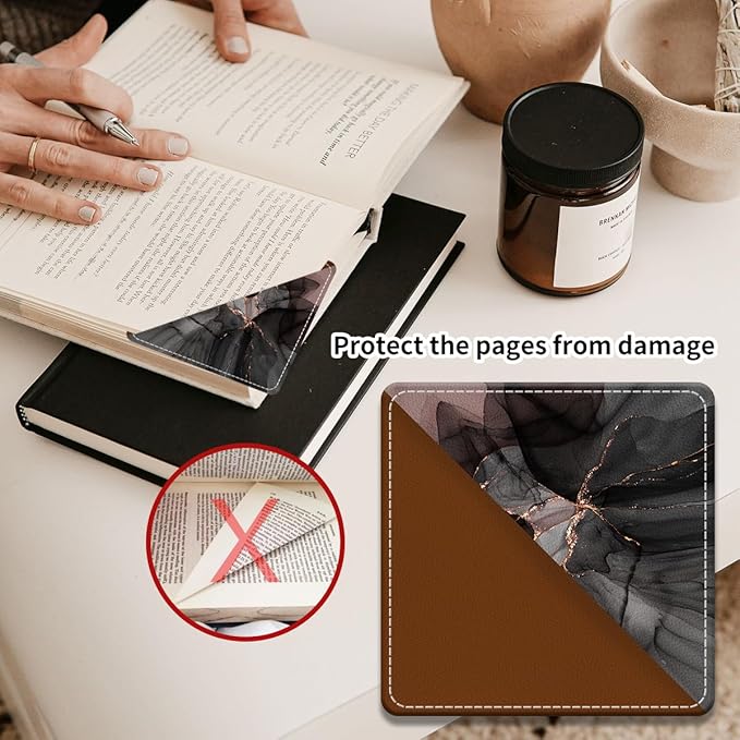 Cute Leather Bookmarks, Fun Triangle Making Corner Bookmark, Book Accessories for Reading Book Lovers, Unbreakable Page Markers for Women Men Pink Black Marble