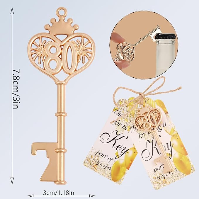 24 Sets 80 Birthday Party Favors Key Bottle Opener, 80th Beer Opener Keychain Favors for Guest with Organza Bags and Tags,Beer Keychain Bottle Openers for Birthday Party Decoration Supplies (gold-80)